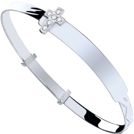 925 Sterling Silver Baby Id With Cz Cross Expandable Bangle - FJewellery