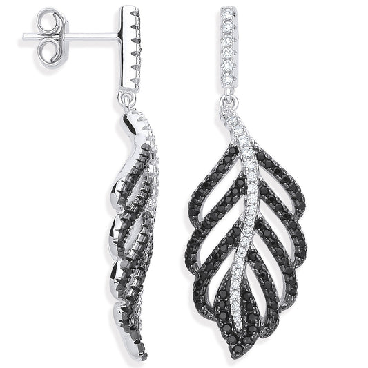 925 Sterling Silver Black & Clear Cz Leaf Drop Earrings - FJewellery