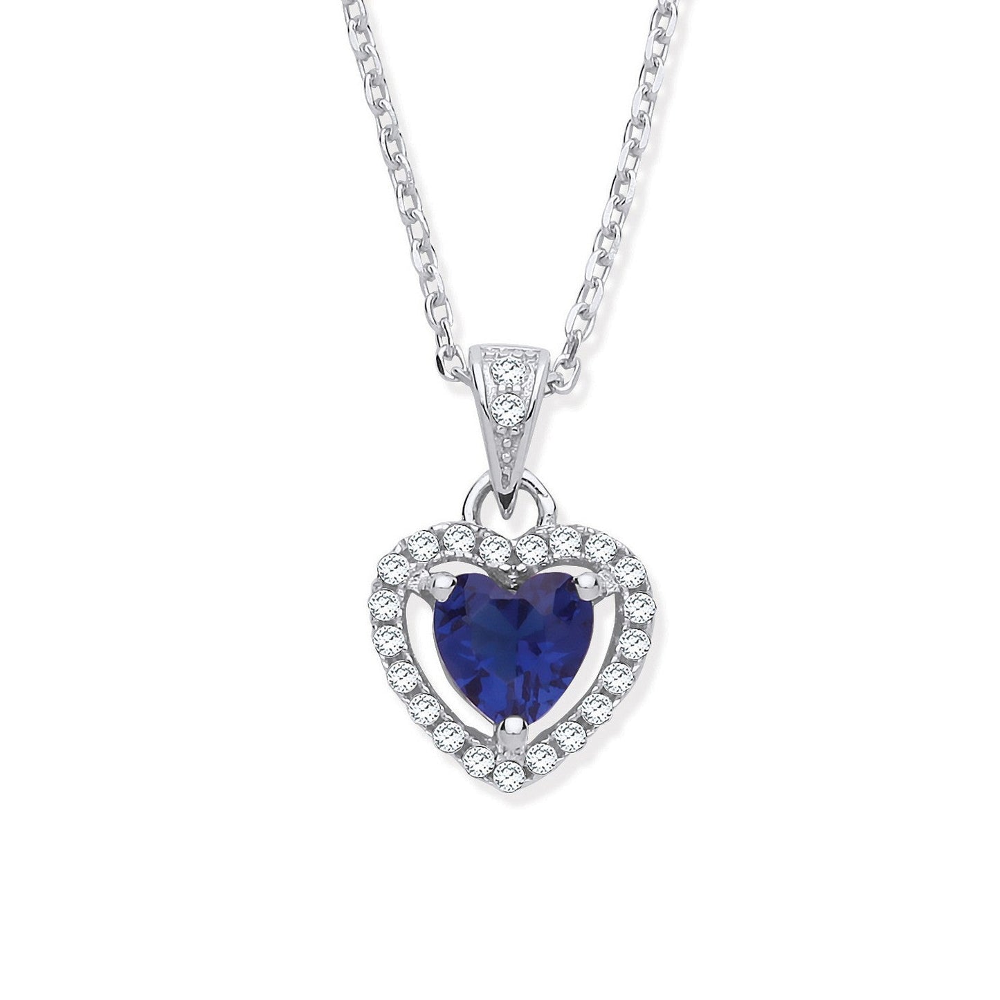 925 Sterling Silver Blue CZ Halo Heart Pendant Necklace - FJewellery