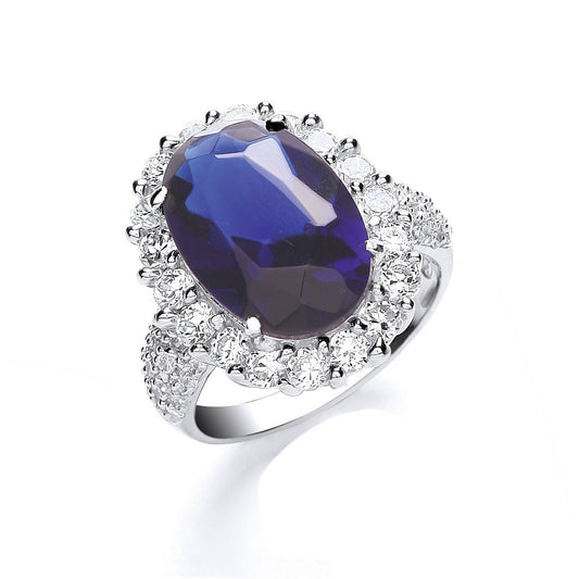 925 Sterling Silver Blue Oval Solitaire Cz with Cz Surrounding/Shld Ring - FJewellery