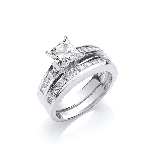 925 Sterling Silver Bridal Set Cz Princess Cut Rings - FJewellery