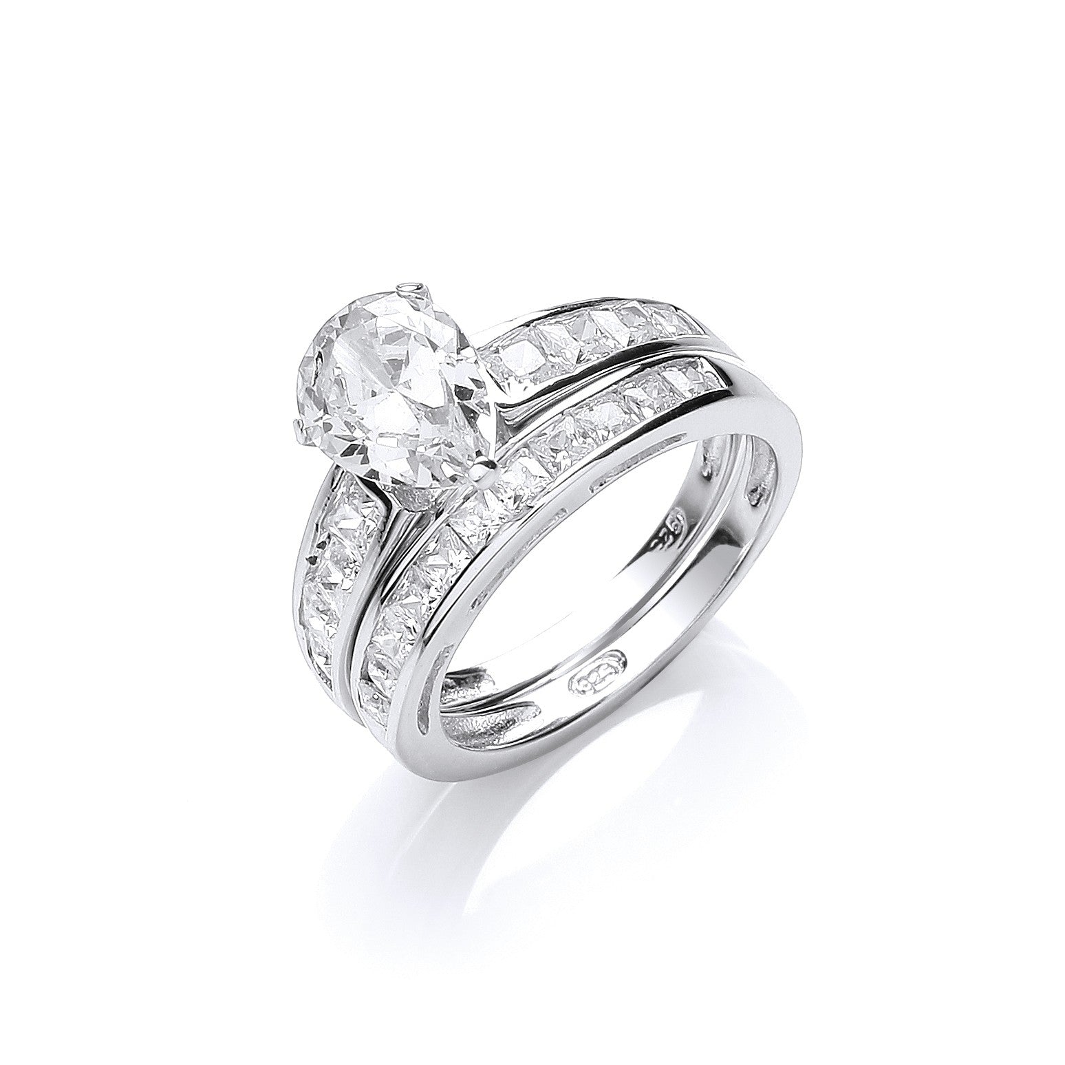 925 Sterling Silver Bridal Set, Pear Cz Centre Rings - FJewellery