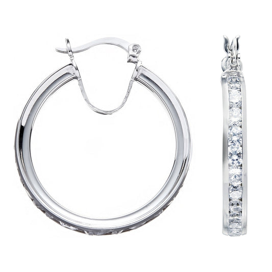 925 Sterling Silver Channel Set Cz Fancy Hoop Earrings - FJewellery