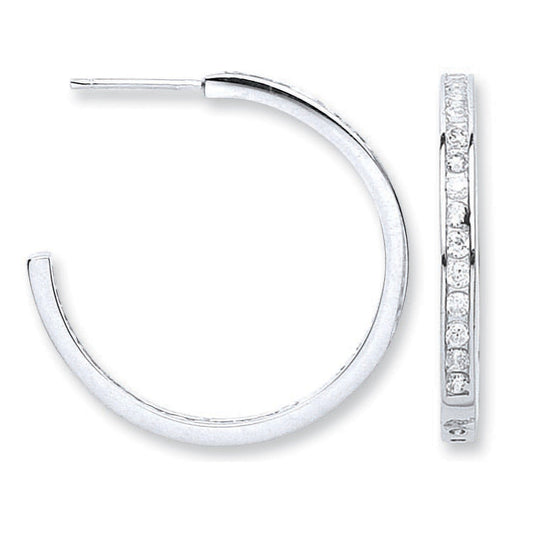 925 Sterling Silver Channel Set Cz Hoop Earrings - FJewellery