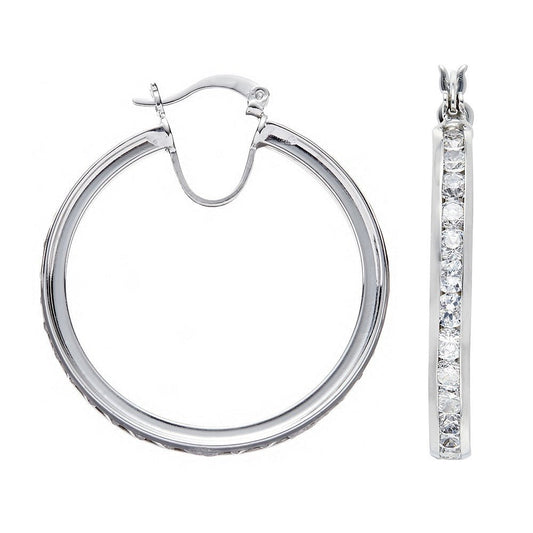 925 Sterling Silver Channel Set Cz Solid Hoop Earrings - FJewellery