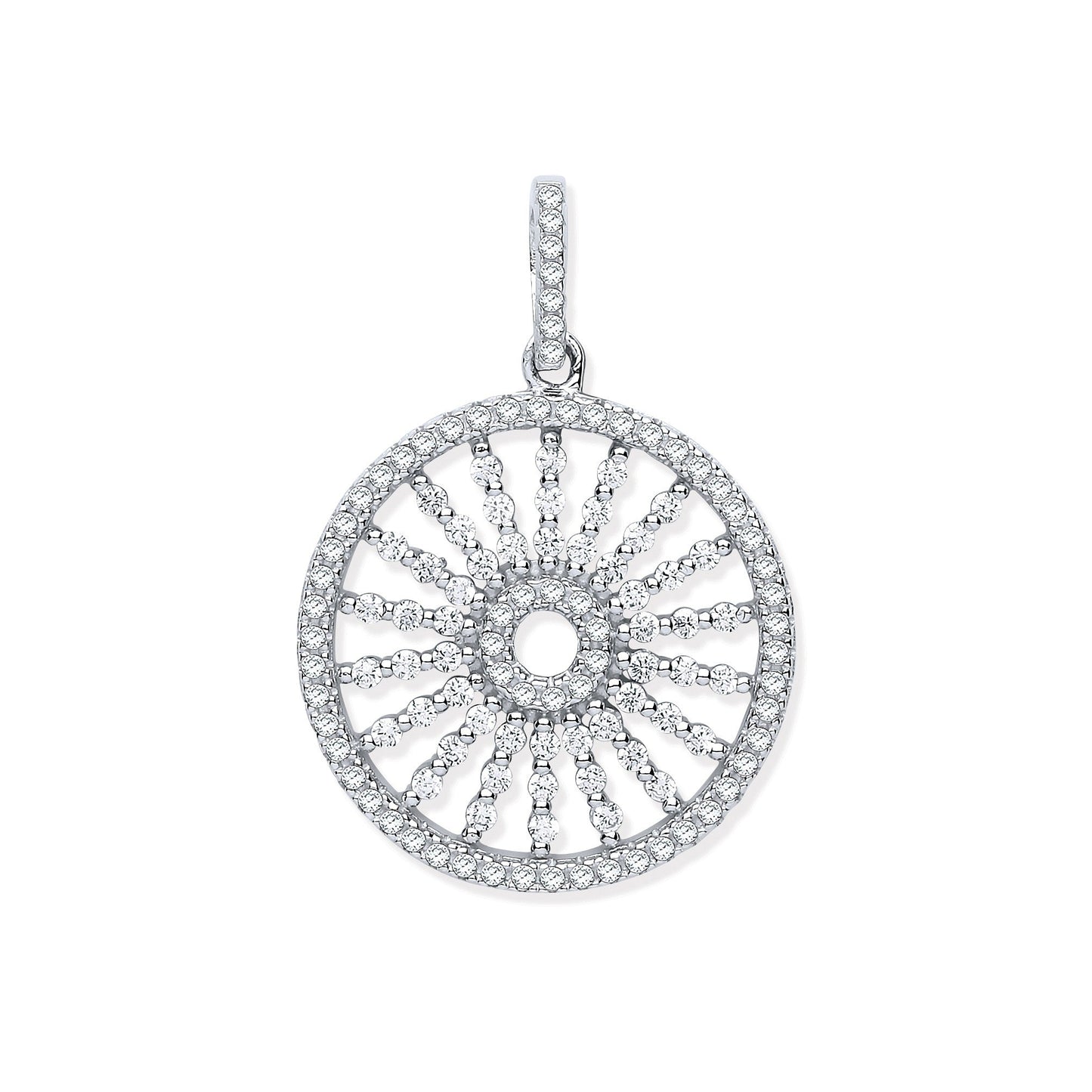 925 Sterling Silver Circle with Burst Lines Cz Pendant - FJewellery