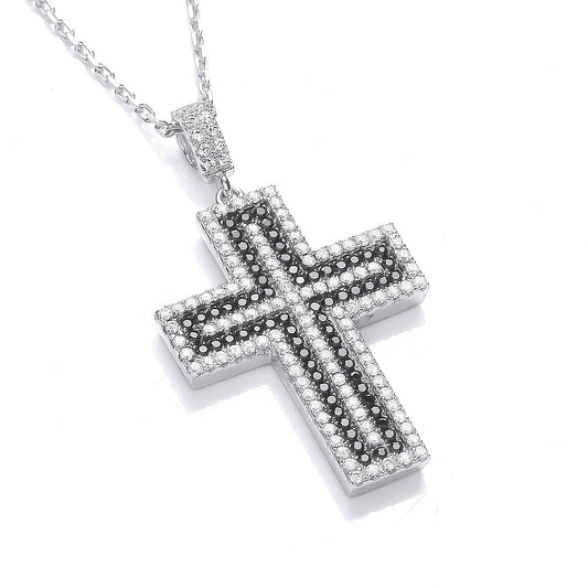 925 Sterling Silver Cross Set With Black And White Stones -18" - FJewellery