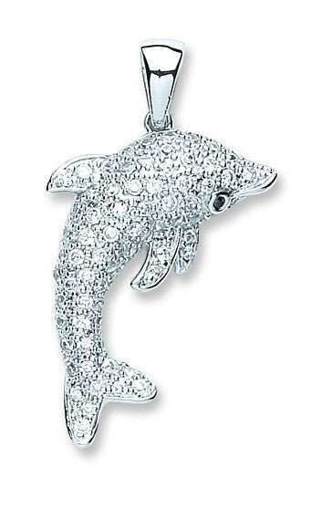 925 Sterling Silver Cz Dolphin Pendant - FJewellery