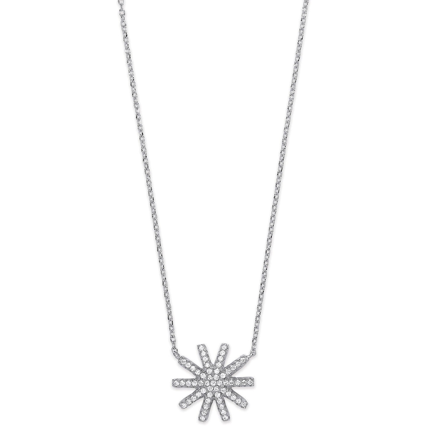925 Sterling Silver Cz Starburst Pendant 16" Necklace with extension - FJewellery
