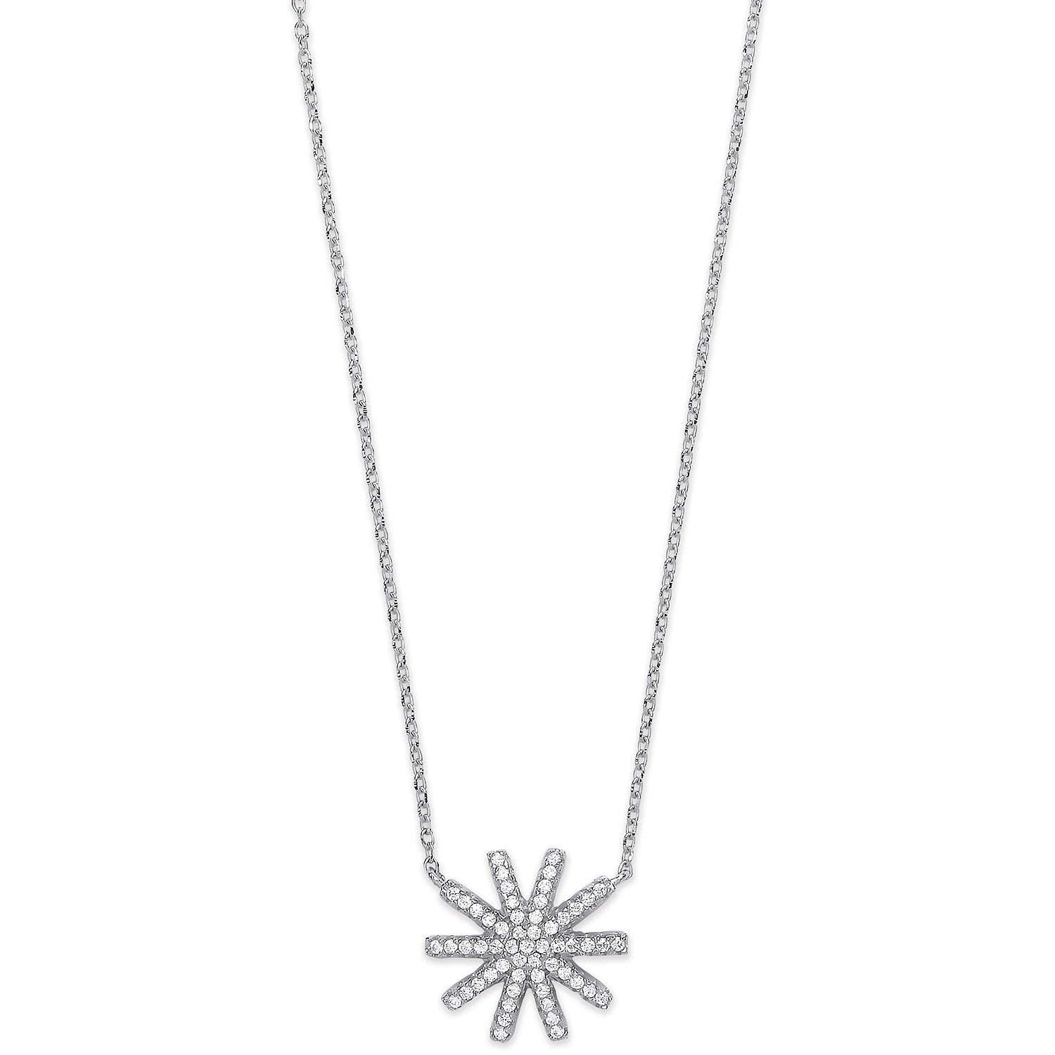 925 Sterling Silver Cz Starburst Pendant 16" Necklace with extension - FJewellery