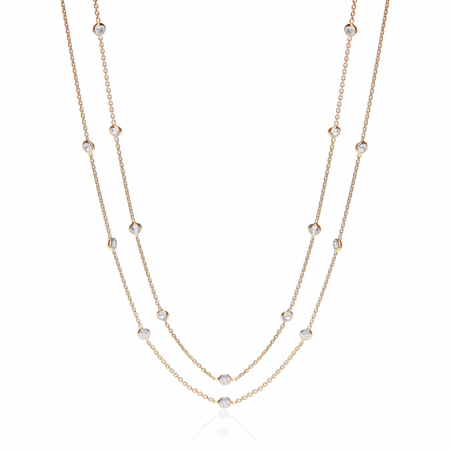 925 Sterling Silver Double Chain Necklace Set With CZ 38" - FJewellery