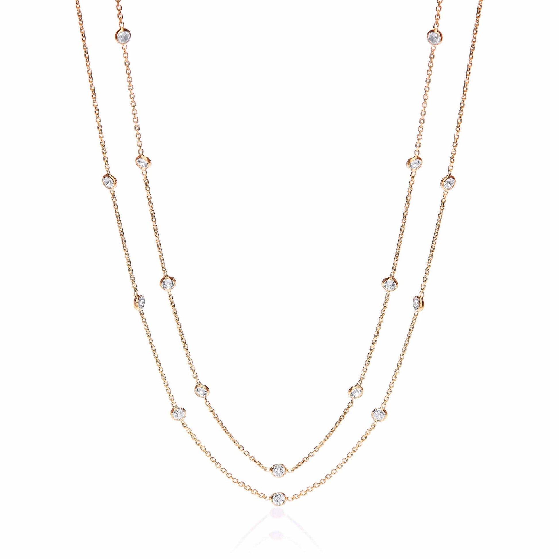 925 Sterling Silver Double Chain Necklace Set With CZ 38" - FJewellery