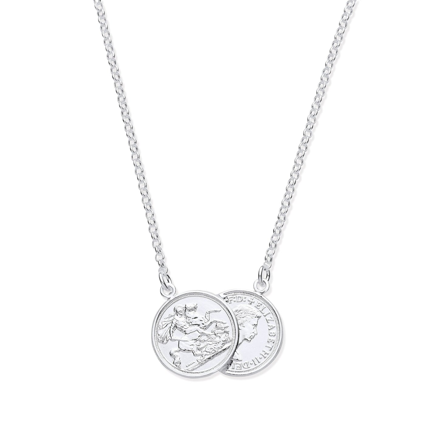 925 Sterling Silver Double Coin Pendant 17" Necklace - FJewellery