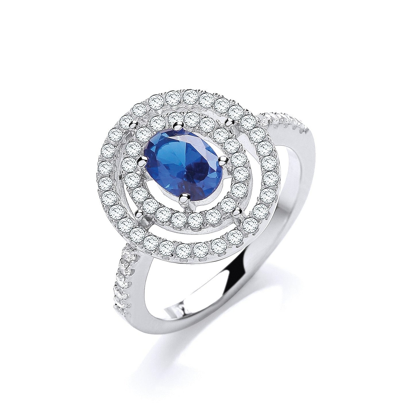 925 Sterling Silver Double Halo Blue CZ Ring - FJewellery