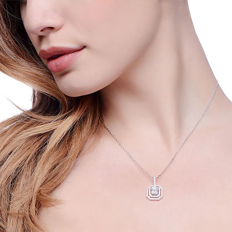 925 Sterling Silver Double Halo CZ Necklace - FJewellery