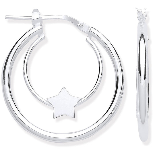 925 Sterling Silver Double Tube Star Hoop Earrings - FJewellery