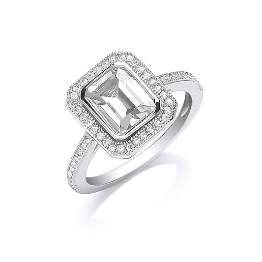 925 Sterling Silver Emerald Cut Cz Centre Ring - FJewellery