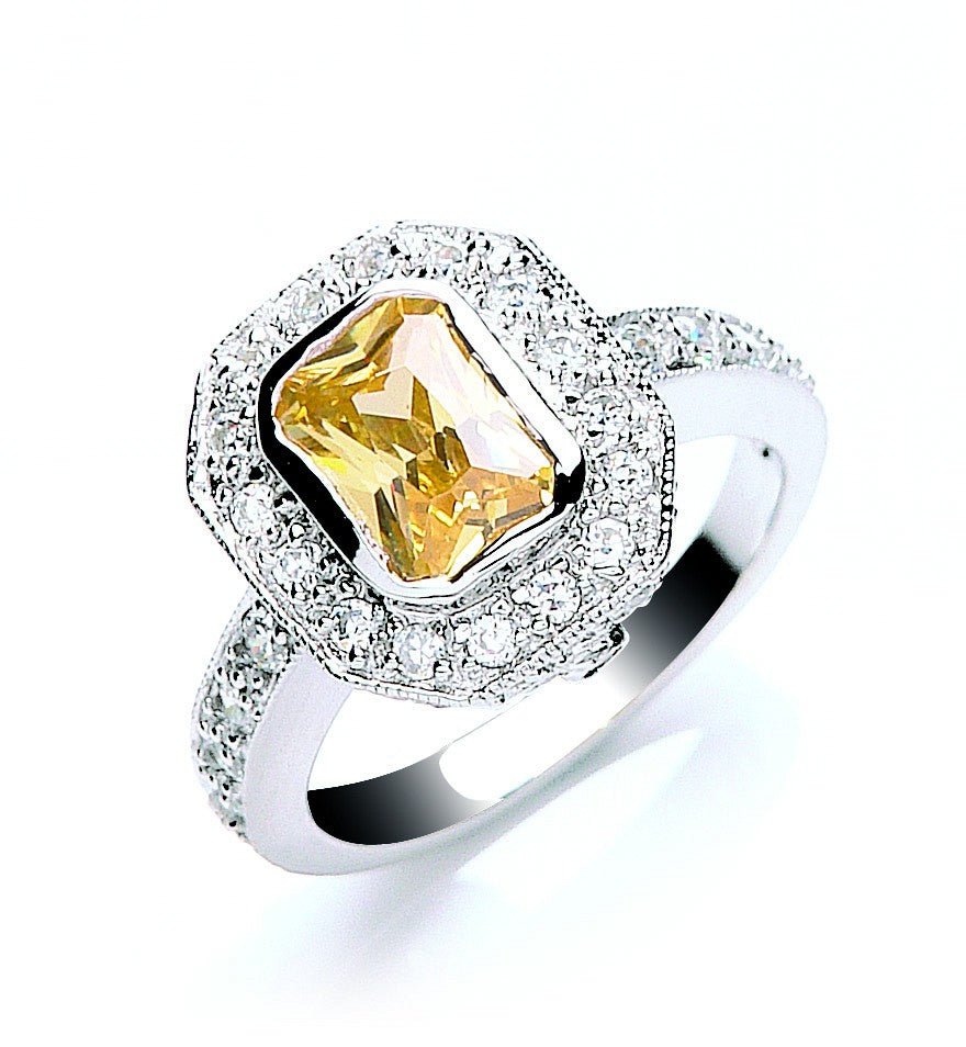 925 Sterling Silver Emerald Cut Yellow & White Cz Cluster Ring - FJewellery