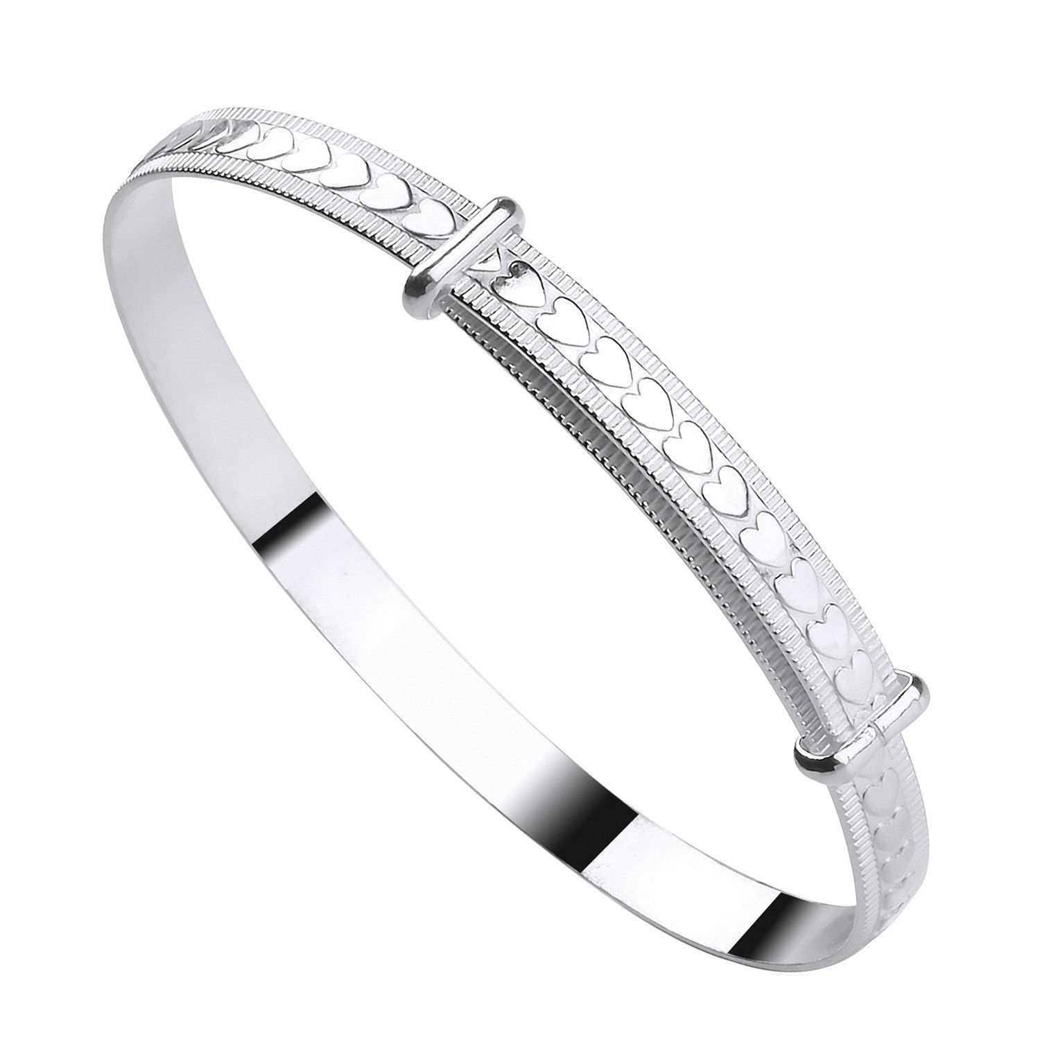 925 Sterling Silver Expandable Baby Bangle With Embossed Hearts - FJewellery