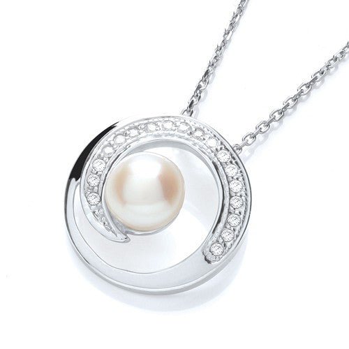 925 Sterling Silver Fancy Necklace Set With CZs and Pearl - FJewellery