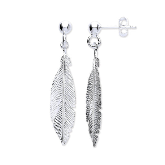 925 Sterling Silver Feather Drop Earrings - FJewellery