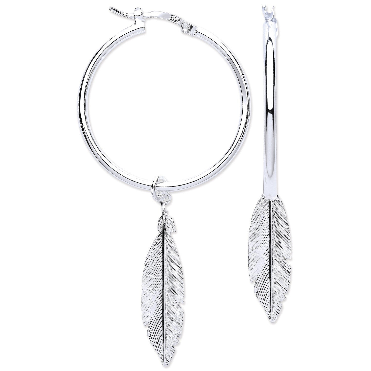 925 Sterling Silver Feather Hoop Earrings - FJewellery