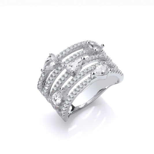 925 Sterling Silver Five Rows Round & Pear Shape Cz Ring - FJewellery