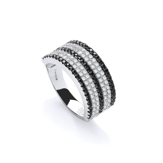 925 Sterling Silver Half Eternity Black And White CZ Ring - FJewellery