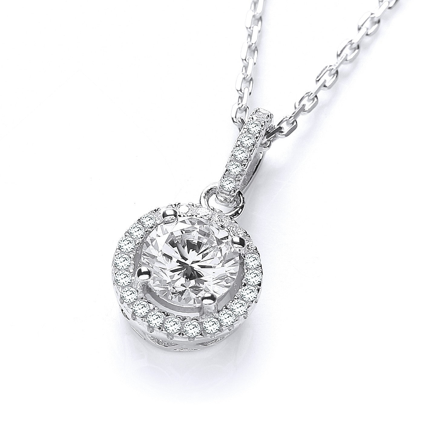 925 Sterling Silver Halo Single Stone CZ Necklace - FJewellery