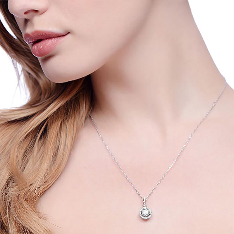 925 Sterling Silver Halo Single Stone CZ Necklace - FJewellery