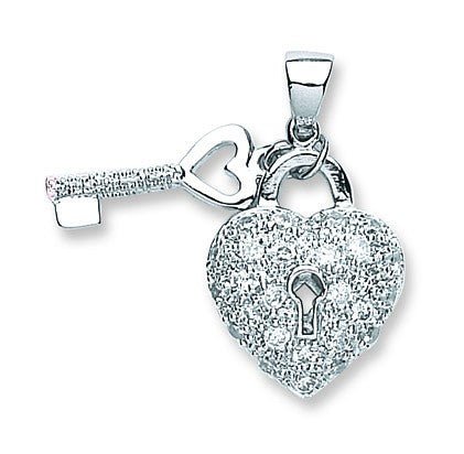 925 Sterling Silver Heart & Key Drop Pendant - FJewellery