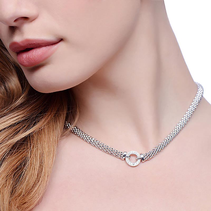 925 Sterling Silver Mesh Necklace Set With Cubic Zirconia 17" - FJewellery
