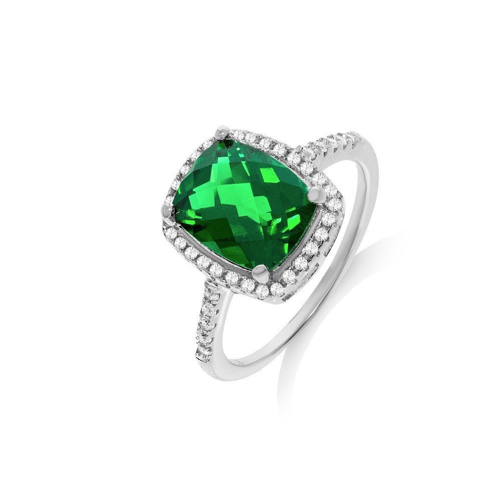 925 Sterling Silver Oval Green CZ Halo Ring - FJewellery