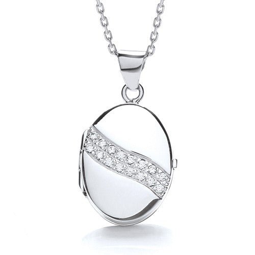 925 Sterling Silver Oval Shape Locket Set With Cubic Zirconia - FJewellery