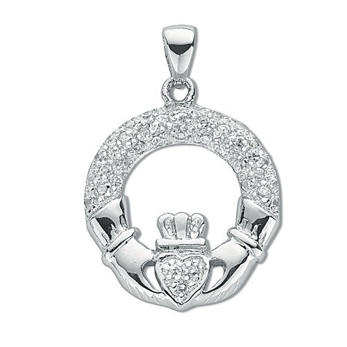 925 Sterling Silver Pave Set Cz Claddagh Drop Pendant - FJewellery
