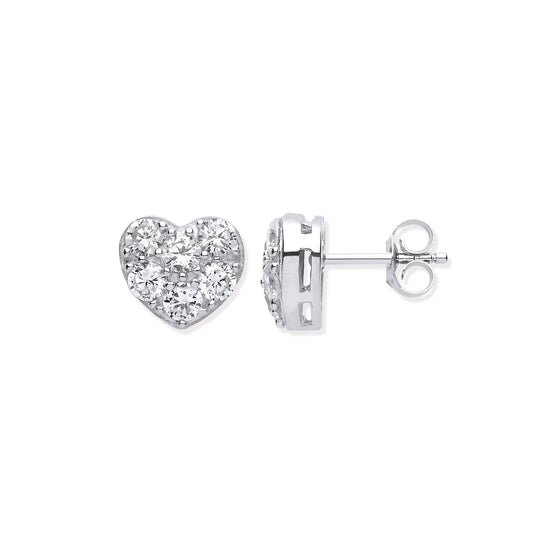 925 Sterling Silver Pave Set Heart Stud Earrings - FJewellery