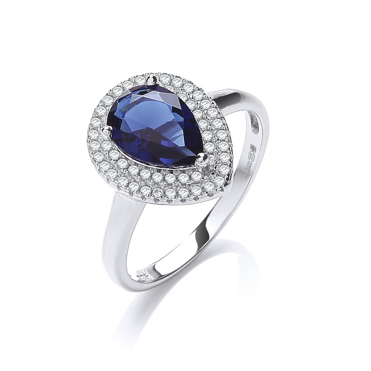 925 Sterling Silver Pear Shape Blue CZ Double Halo Ring - FJewellery