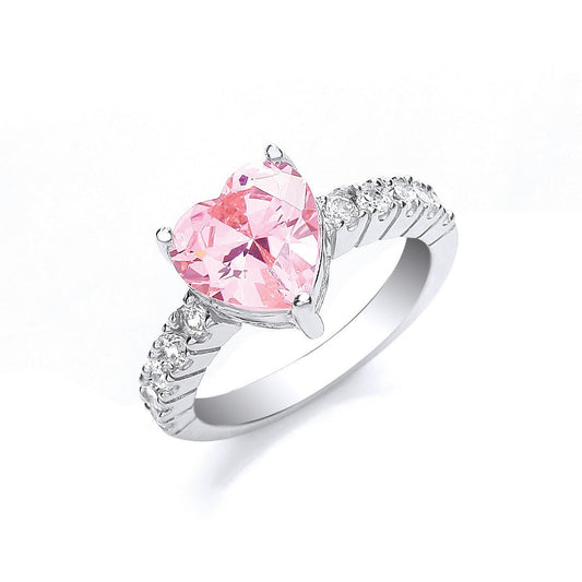 925 Sterling Silver Pink Heart Solitaire Cz with Cz on Shoulder Ring - FJewellery