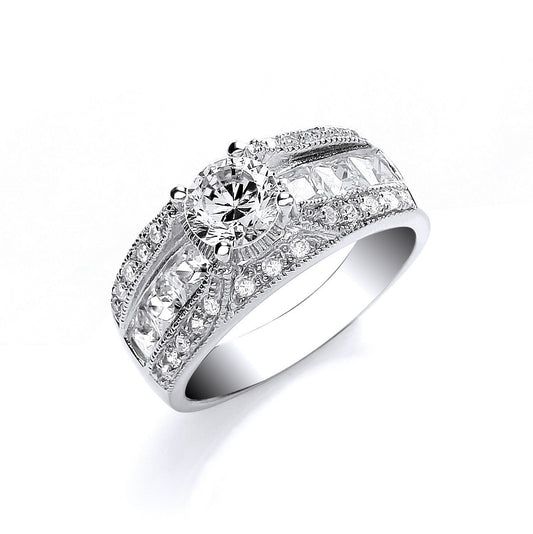 925 Sterling Silver Rd Solitaire with Princess & Rd Cz on Shld Ring - FJewellery