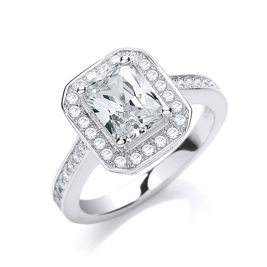 925 Sterling Silver Rectangular Shape CZ Halo Ring - FJewellery