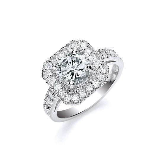 925 Sterling Silver Round Cut with Cz Surrounding & Shoulders Ring - FJewellery