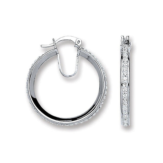 925 Sterling Silver Single Row Crystal Hoop Earrings 27.5mm - FJewellery