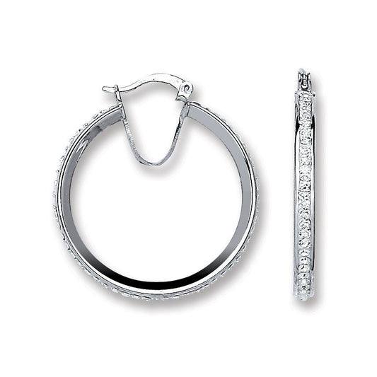 925 Sterling Silver Single Row Crystal Hoop Earrings 31.5mm - FJewellery
