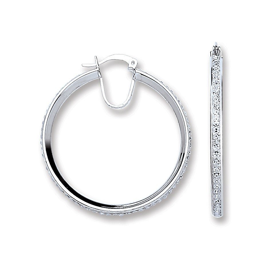 925 Sterling Silver Single Row Crystal Hoop Earrings 37.5mm - FJewellery