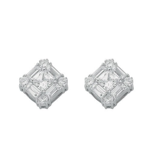 925 Sterling Silver Square Cluster Cz Stud Earrings - FJewellery