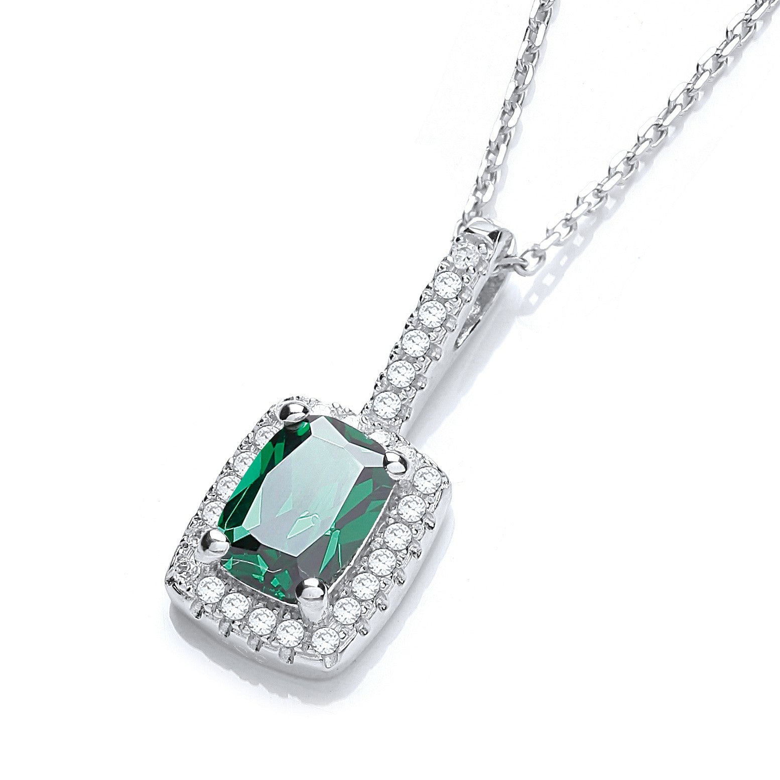 925 Sterling Silver Square Necklace Set With Green and White CZs - FJewellery