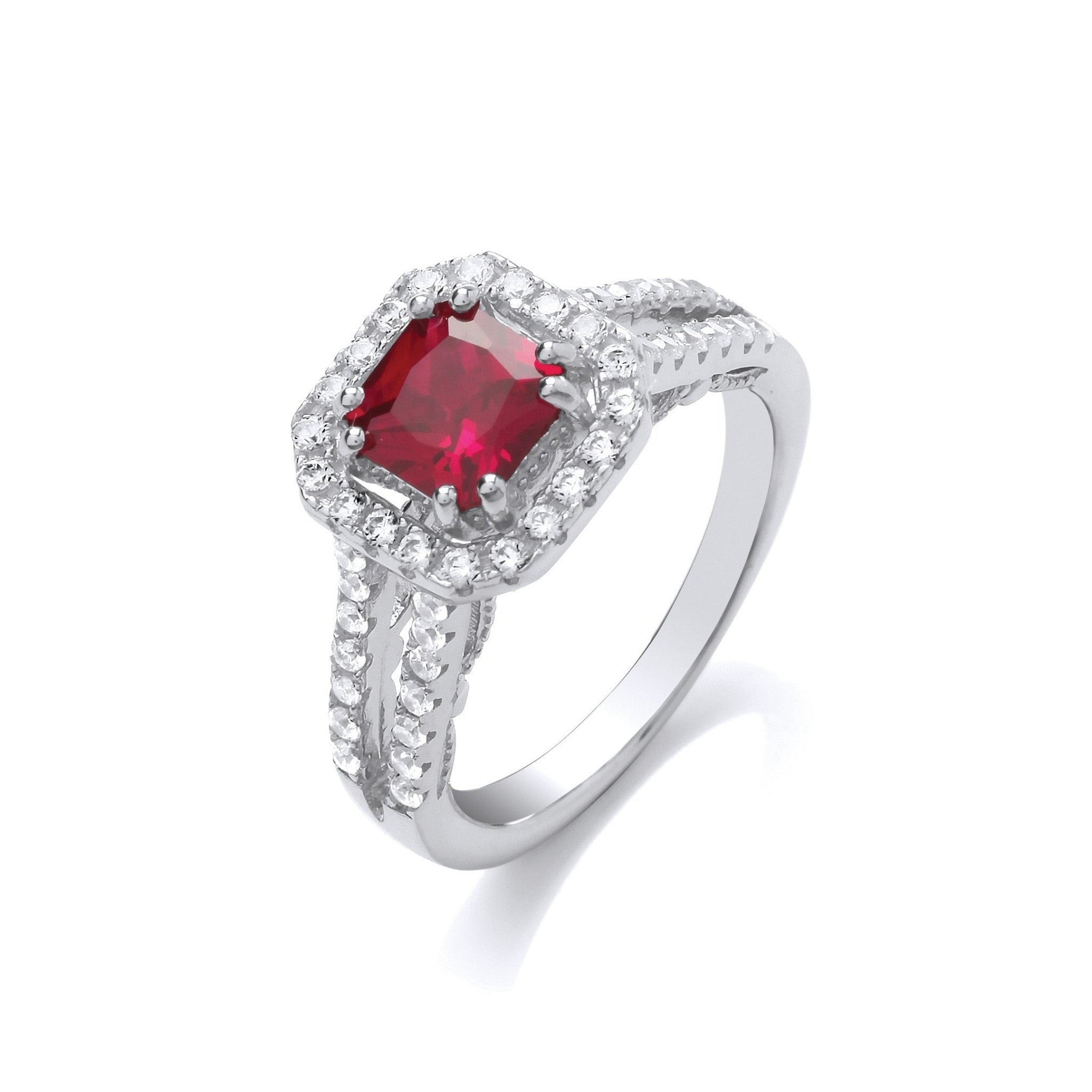 925 Sterling Silver Square Red Stone Halo Ring - FJewellery