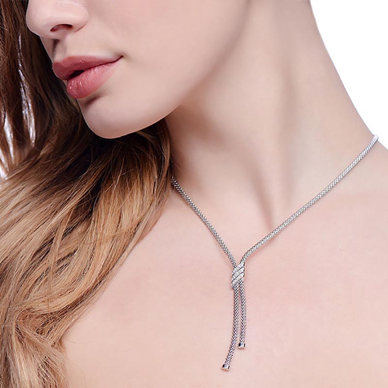 925 Sterling Silver Tassel Necklace Set With Cubic Zirconia 18 Inches - FJewellery