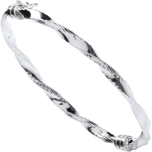 925 Sterling Silver Twisted Ribbed Edge Hollow Bangle - FJewellery
