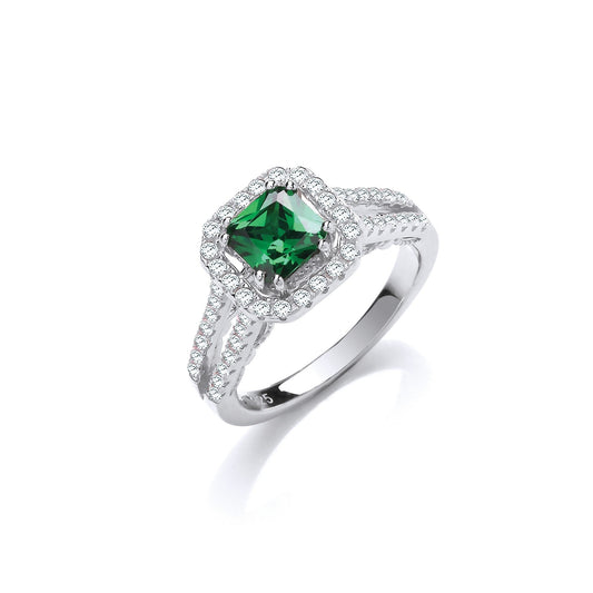 925 Sterling Silver With Green CZ Halo Ring - FJewellery